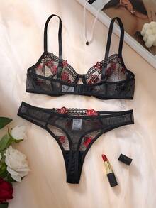 1 Set 2pcs Rose Embroidered 3D Flower Daily Bra Set, Comfortable Home Wear Valentine's Day Lingerie - Black - View 2