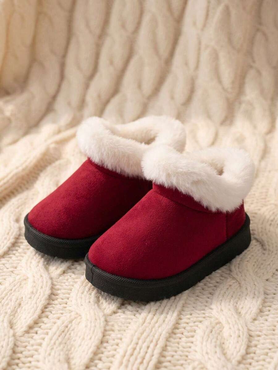 1雙女童酒紅色時尚簡約麂皮平底保暖內裡舒適休閒雪地靴,適合冬季/聖誕穿搭 - 紅色 - 查看 1