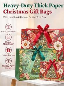Heavy-Duty Thick Paper Christmas Gift Bags With Handles & Ribbon, Christmas Tree Print Holiday Party Bags For Gift Wrapping, Holiday Shopping, Christmas Celebrations And New Year Events - Multicolor - View 7