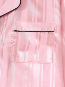 2pcs Satin Striped Pajama Set, Sweet & Cute Lapel Button Long Sleeve Top And Pants, Women's Sleepwear And Loungewear For Home Use - Pink - View 5