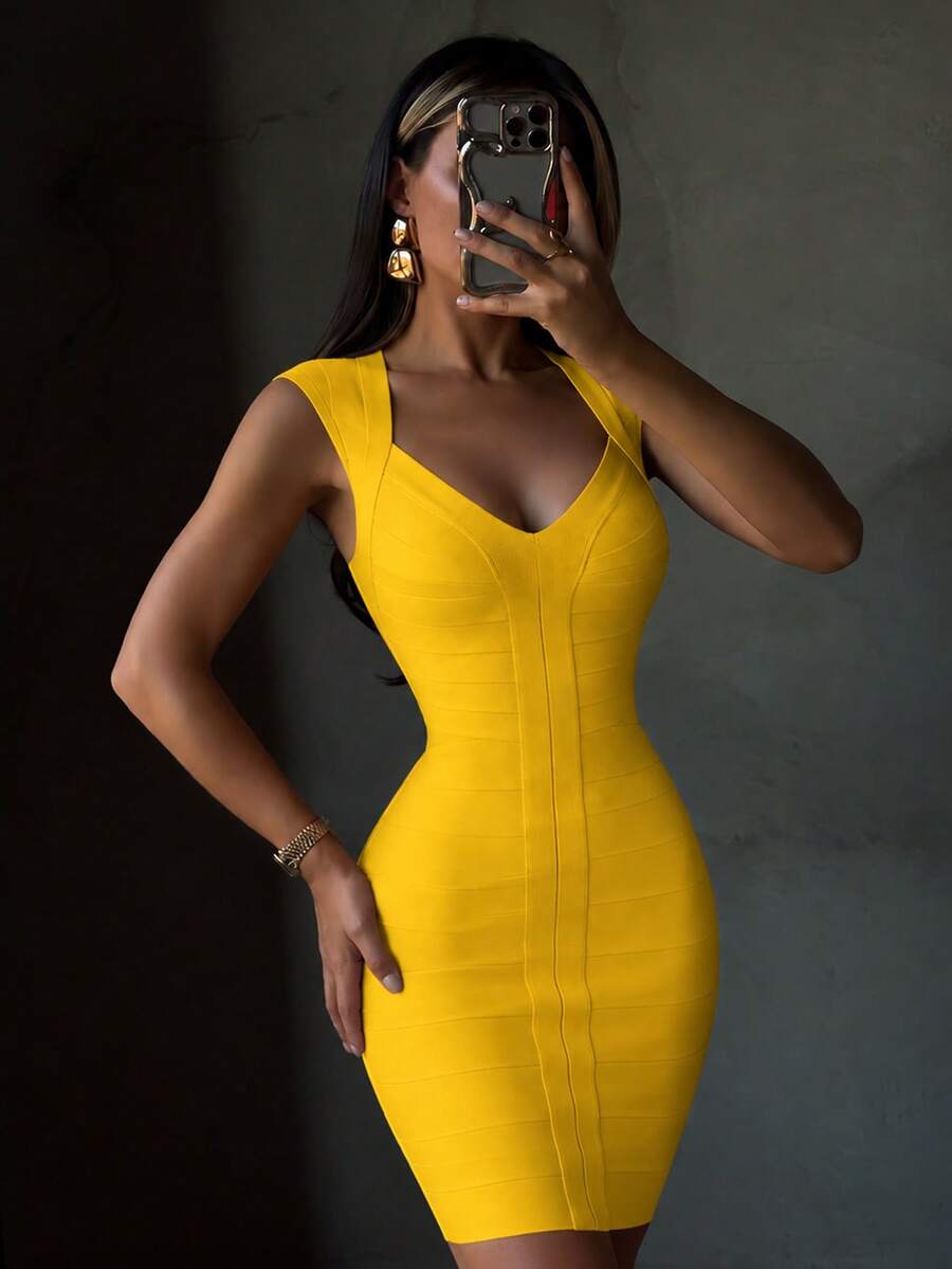Women's V-Neck Short Fitted Ribbed Wrap Dress, Sexy Elegant Yellow Cocktail Party Dress For Nightclub, Banquet Wedding Fall - Yellow - View 1