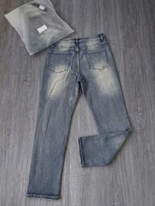 Mud Yellow Vintage Distressed Denim Jeans, Street Style Ripped Straight Leg Jeans, American High Street Cat Whisker Pattern Denim Pants, Patchwork All-Season Wearable Men's Jeans - Blue - View 5