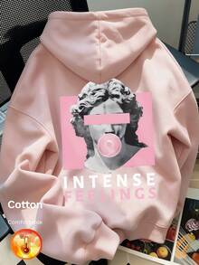 Women's Autumn/Winter Hooded Sweatshirt With Portrait And "INTENSE FEELINGS Y2K" Text Print On Back - Sand Red - View 2