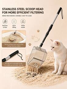 1pc Stainless Steel Mesh Cat Litter Scoop With Extendable Detachable Handle, Adjustable Length Kitty Litter Shovel, Easy Clean Pet Waste Removal Tool For Indoor Cats - Multicolor - View 1