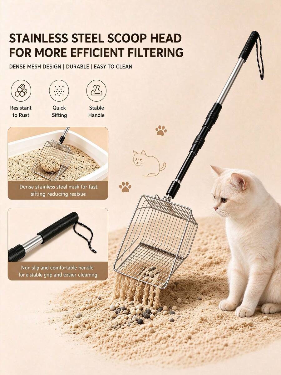 1pc Stainless Steel Mesh Cat Litter Scoop With Extendable Detachable Handle, Adjustable Length Kitty Litter Shovel, Easy Clean Pet Waste Removal Tool For Indoor Cats - Multicolor - View 1