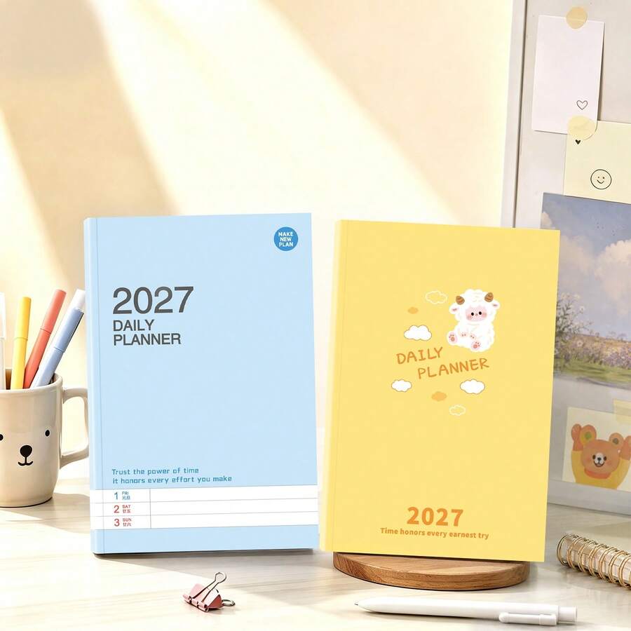 Bộ 2 cuốn sổ kế hoạch hằng ngày 2027, sổ nhật ký lịch năm họa tiết cừu hoạt hình dễ thương, sổ tay bìa cứng quản lý công việc hằng ngày và quản lý thời gian - A - Xem 1
