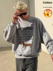 Men's Thermal Lined Crew Neck Sweatshirt, Dachshund Letter Graphic, Y2K Style, Autumn/Winter - Heather Gray - View 6