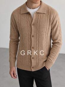 GRKC كارديجان رجالي بأزرار كاملة، أكمام طويلة، أكتاف منخفضة، نسيج مضلع عمودي، أسلوب كوري رجعي، ملابس خارجية للتنقل، ملابس محبوكة، خريف/شتاء - بني - مشاهدة 3