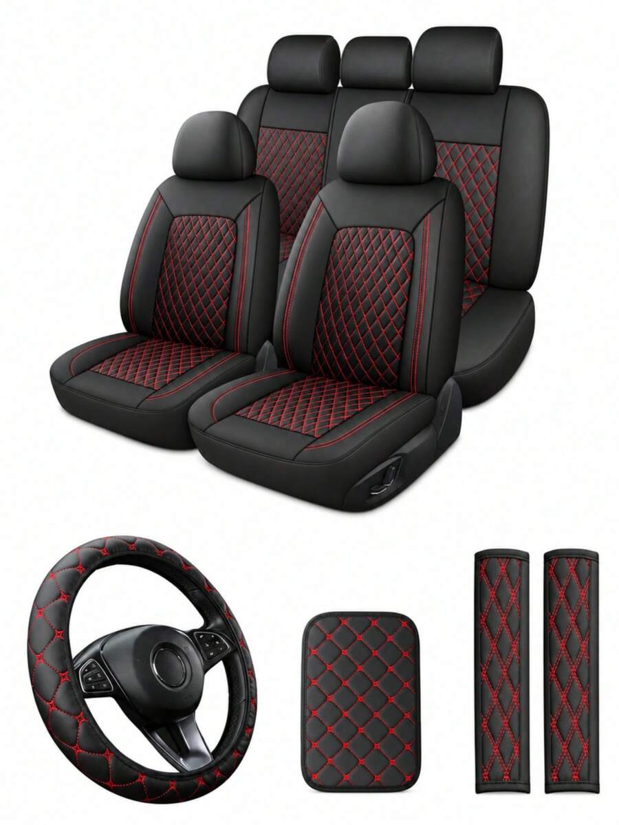 4/8/13pcs PU Leather Car Seat Covers Set, Includes Leather Steering Wheel Cover, Shoulder Pads And Armrest Pads - Multicolor - View 1