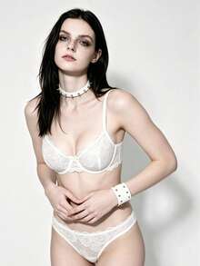 Lounge Court 1 Set Women's Solid Color Lace Bra & Panty Set, With Underwire Comfort Lingerie Bridallingerie - White - View 4