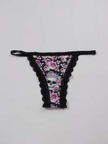 Morvia 5Pcs Dark Punk Gothic Thongs, Skull Rose All‑Over Print Lace Trim Low‑Rise Women Sexy Halloween Intimates Underwear Multipack - Multicolor - View 9