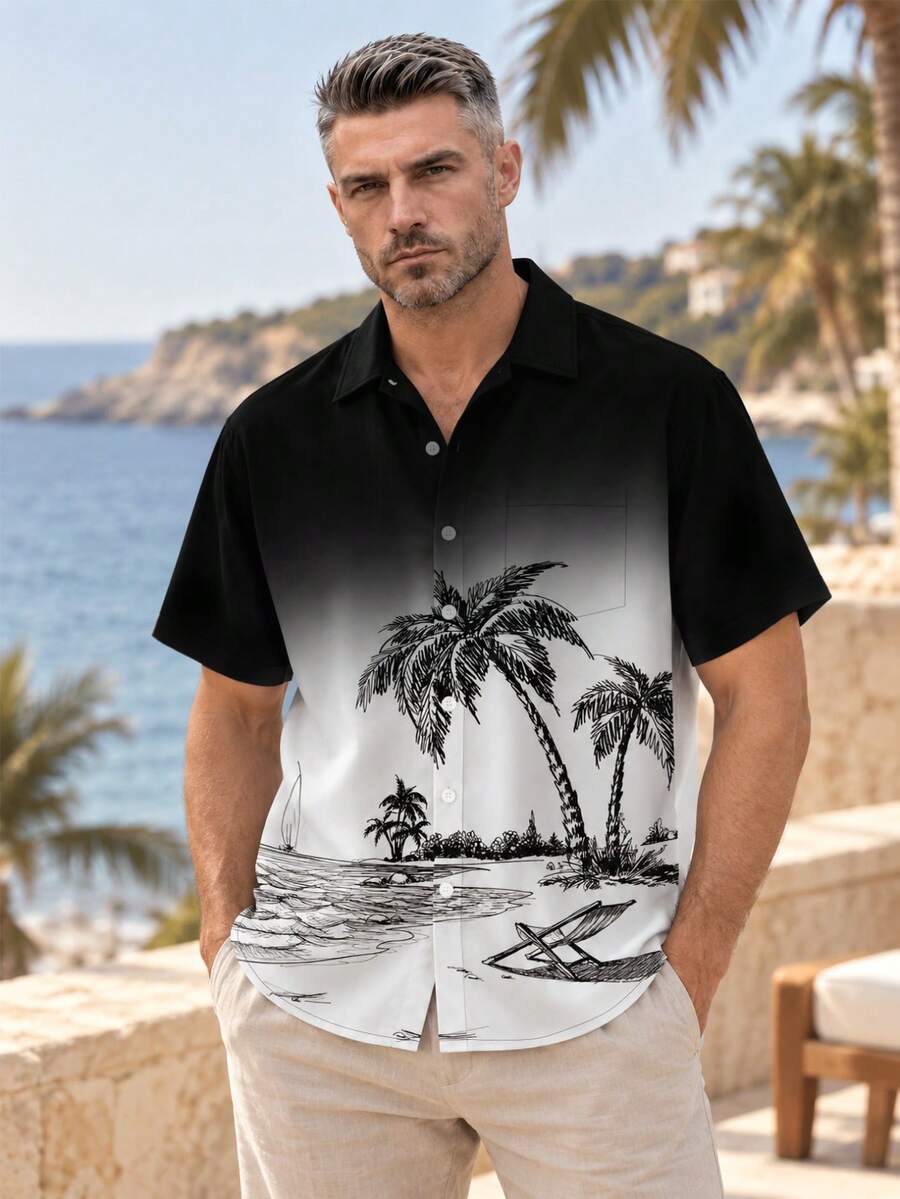 Men's Black & White Palm Tree Beach Print Short Sleeve Shirt - Black - View 1