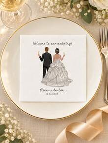 Custom Wedding Portrait Napkins, Personalized Couple Illustration, Name, Date And Text, White Paper Napkins, Suitable For Reception, Bridal Shower And Party - Multicolor - View 5