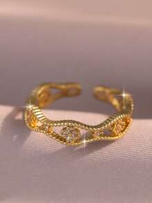 1pc Luxury Double Line Floral Cubic Zirconia Open Women's Ring, Fashion Exquisite Hollow Adjustable Ring For Party Wedding Daily Gift Accessories - Gold - View 6