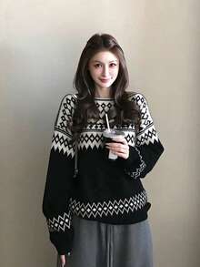 Soft Gauze Old Money Colorblock Jacquard Knit Sweater Random Cut - Black - View 2