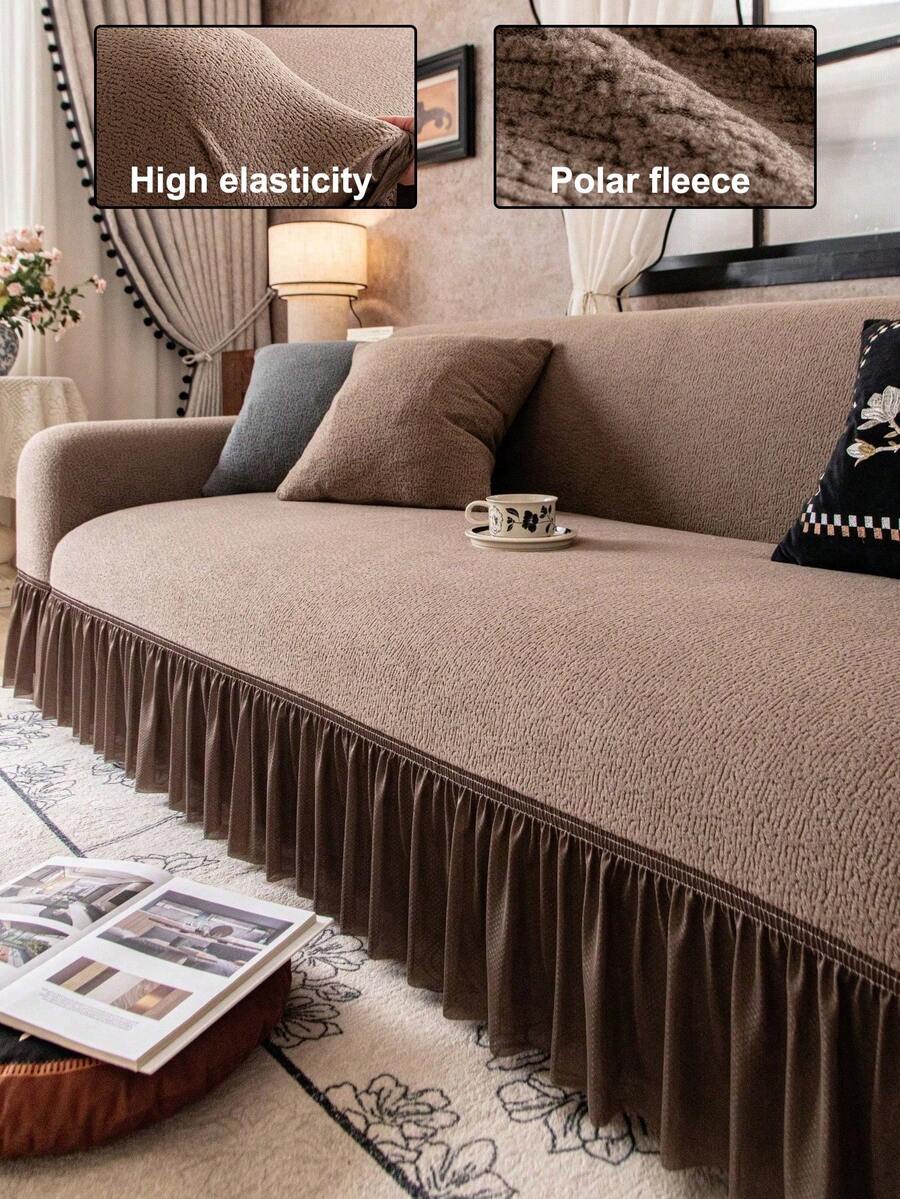 1pc Plush Elastic Sofa Cover, Pet-Friendly Non-Slip Durable, Machine Washable Colorfast, Holiday Decor Adds Ambiance Protects Sofa, Fits 1/2/3/4 Seater Sofa, Comes With Anti-Slip Stick - Brown - View 1