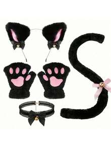 Set Kostum Cosplay Kucing - 4pcs (Telinga & Ekor Kucing, Kalung, Cakar & Sarung Tangan), Aksesoris Halloween - MultiWarna - View 2