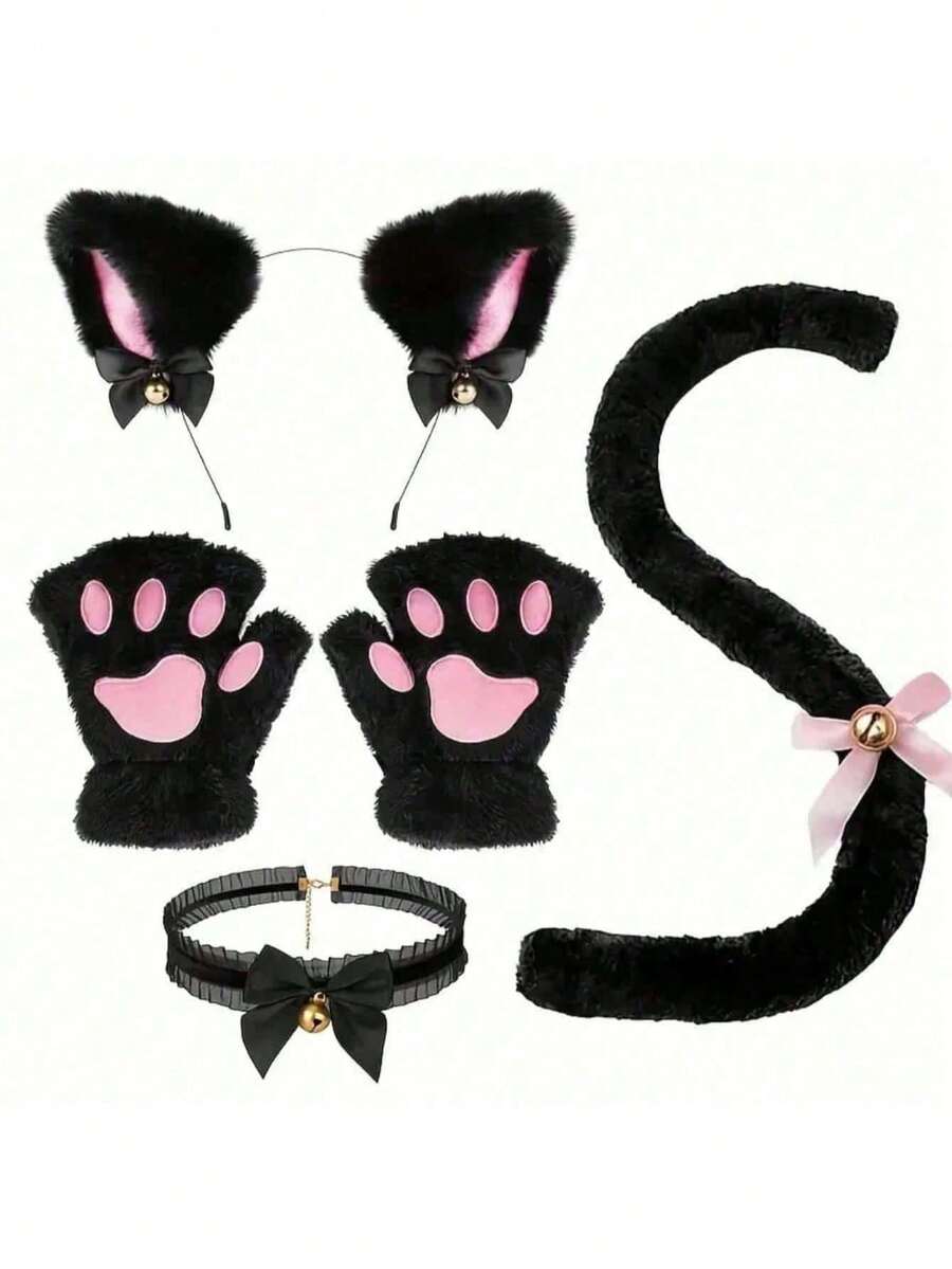 Set Kostum Cosplay Kucing - 4pcs (Telinga & Ekor Kucing, Kalung, Cakar & Sarung Tangan), Aksesoris Halloween