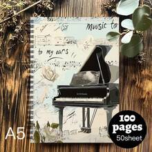 1PC 2D Flat Horizontal Line Notebook [Music Art] 1 Piano Theme Spiral Notebook Diary, 50 Sheets 100 Pages, Suitable For School And Office Supplies, Perfect Gift For Friends And Colleagues, Spiral Notebook Diary _ Art Cover Design _ Durable Cover Horizontal Line Notebook Record Book, Pen Not Included - One Book (50 Pages, 100 Pages) - View 7