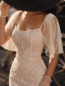 1 Pair Strapless Wedding Dress Shoulder Shawl, 5 Colors Available, Short Arm Cover Pearl Tulle Shoulder Decor With Safety Pin, Bridal Shoulder Accessory, Detachable Glittering Tulle - Double Shoulder Shawl - View 8
