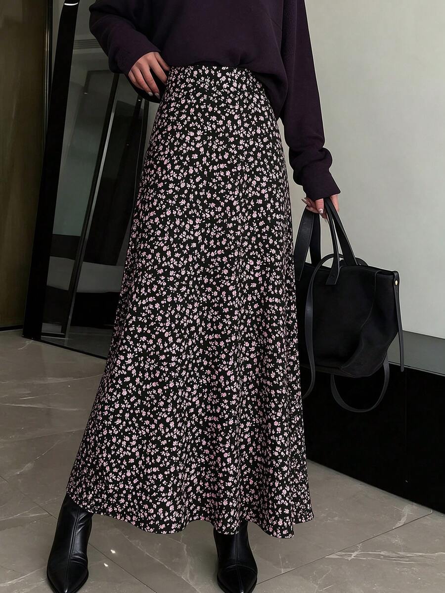 EARO Women's Boho A-Line Long Skirt With Small Floral Print Zipper Detail Comfortable, Soft & Skin-Friendly Fabric For Fall Outfits - Pink - View 1
