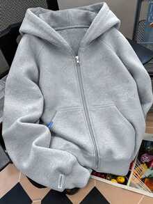 1pc Tween Girls Outdoor Daily Commute Minimalist Arm Patch Comfortable Casual Loose Hooded Long Sleeve Open Front Sweatshirt - Light Grey - View 6