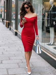 QUNGIGU Women's Elegant Cold Shoulder Pencil Dress Set, Suitable For Outings, Dates, Evening Parties And Christmas - Red - View 4