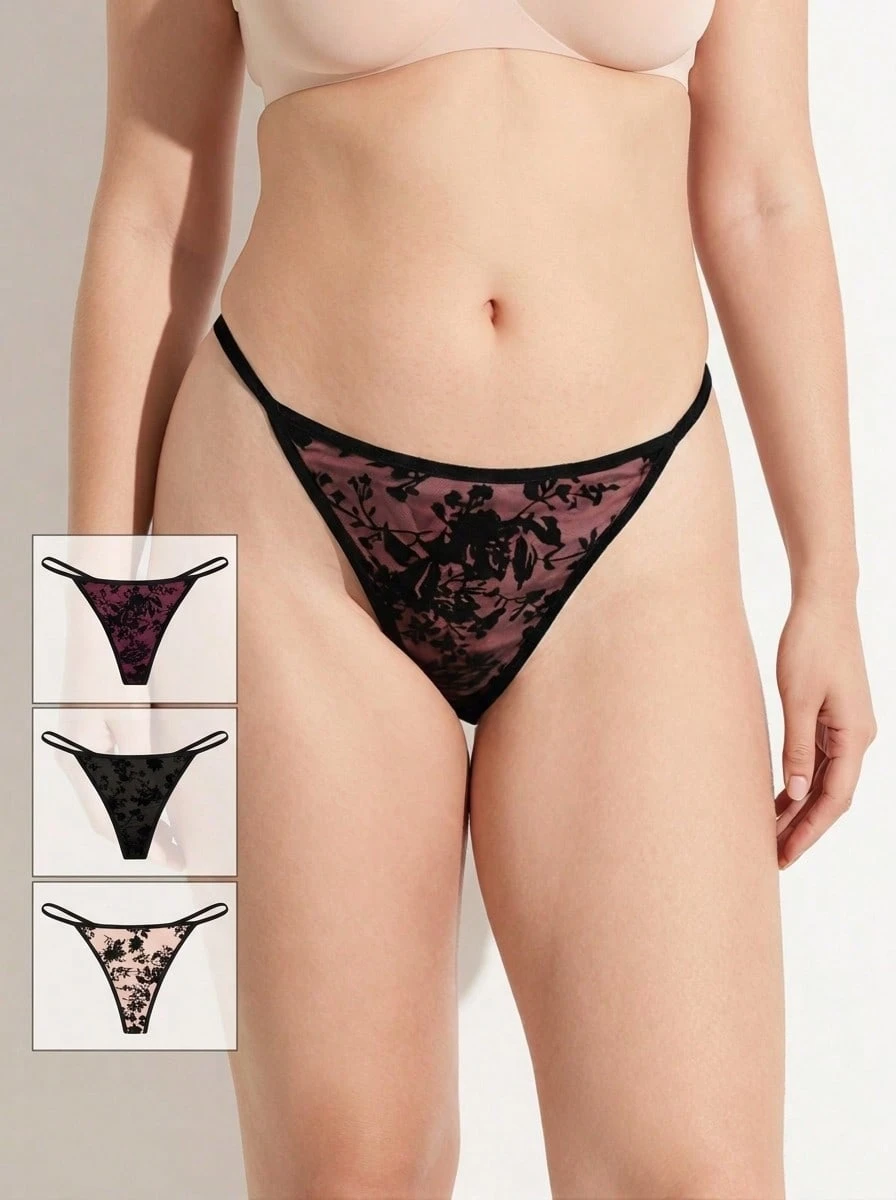 Rosiemei 3pcs Plus Size Women Casual Comfortable Thong Panties Elastic Fabric Underwear Set - Multicolor - View 1