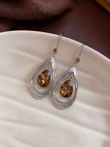 1 Pair Elegant Luxury Glass Geometric Teardrop Earrings Suitable For Women's Daily And Party Wear - Silver + Brown - View 6