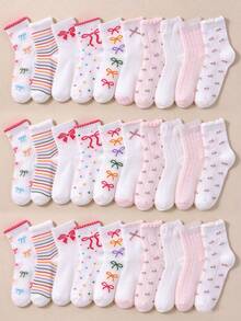 1/10/20 Pairs Random Color Mid-Calf Socks, Sweet Bow Knot Floral Polka Dot Pattern, Soft And Comfortable, Pink, Suitable For Girls And Little Girls Autumn/Winter Daily Wear - Multicolor - View 1