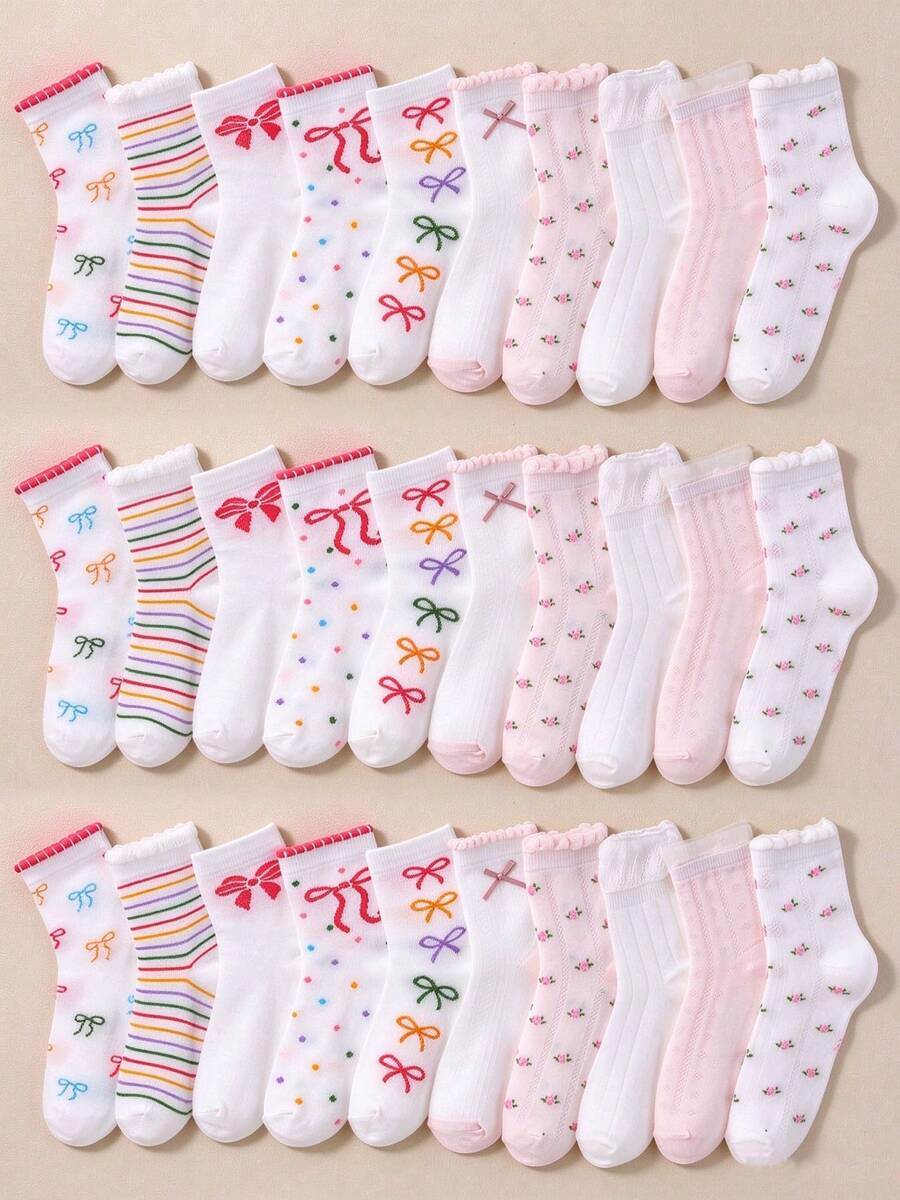 1/10/20 Pairs Random Color Mid-Calf Socks, Sweet Bow Knot Floral Polka Dot Pattern, Soft And Comfortable, Pink, Suitable For Girls And Little Girls Autumn/Winter Daily Wear - Multicolor - View 1