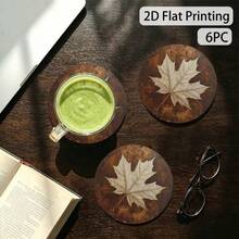 2D Flat Printed 6pcs/Set Coasters, Country Style Maple Leaf Autumn Warm Pattern, Printed, Non-Slip, Heat-Resistant Durable Beverage Mat, Holiday Party Tabletop Protection Mat, Home Decor - View 3
