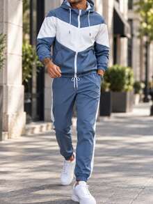 Men's Autumn Colorblock 2 Pieces Sports Set, Hooded Zip-Up Jacket + Side Stripe Jogger Pants, Casual Streetwear Daily Outfit - Blue - View 2