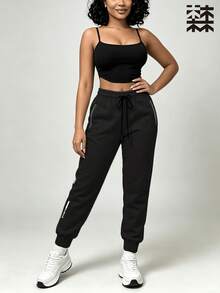 mulinsen Women's Jogger Sweatpants With Side Zipper Pockets, Drawstring Waist, Cuffed Hem, Letter Print, For Daily Sports And Home Leisure - Black - View 7