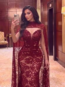 Faeriesty Women's Charming Strapless Mermaid Long Lace Formal Dress, Pearl Embellished Backless Design, Suitable For Prom And Evening Party - Burgundy - View 3