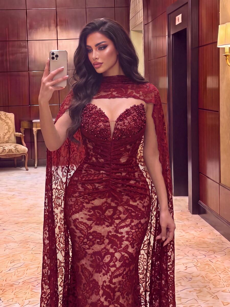 Faeriesty Women's Charming Strapless Mermaid Long Lace Formal Dress, Pearl Embellished Backless Design, Suitable For Prom And Evening Party - Burgundy - View 1