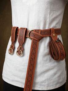 4 piezas Cinturón y Falda Medieval Renacentista con Relieve, Billetera con Cordón Vintage Vikinga, Accesorios de Cosplay para Verano, Escuela, Otoño, Halloween - Marrón - Ver 1