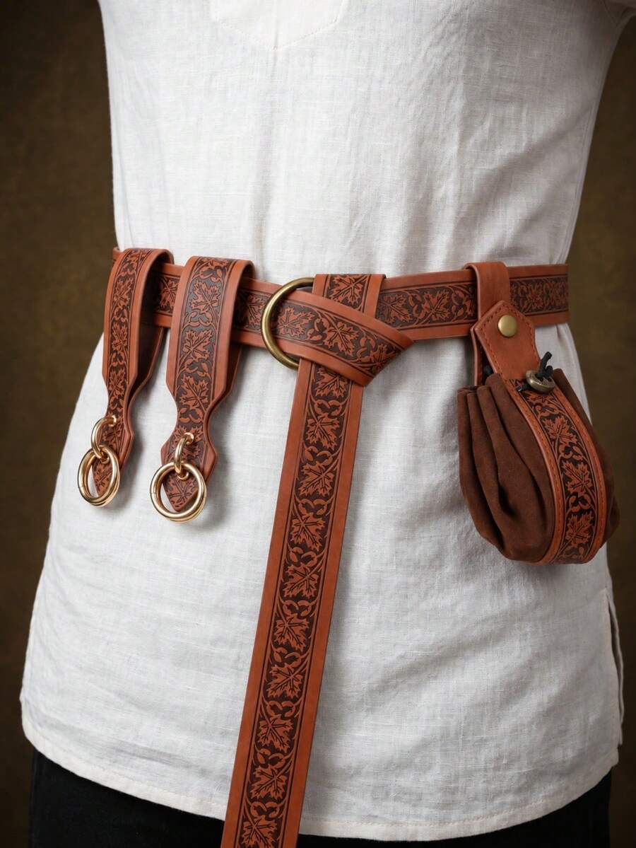 4 piezas Cinturón y Falda Medieval Renacentista con Relieve, Billetera con Cordón Vintage Vikinga, Accesorios de Cosplay para Verano, Escuela, Otoño, Halloween - Marrón - Ver 1