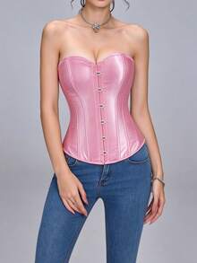 Vintage Court Style Satin Corset Top, Waist-Cinching Body-Shaping Bustier, Sexy Bust-Pushing Top, Women's Halloween Costume, Role Play, Pink Corset Top - Pink - View 5
