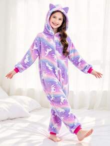 Baju Terusan Kasual Sehari-hari Motif Unicorn Ungu dan Telinga Kucing untuk Anak Perempuan Remaja - MultiWarna - View 10
