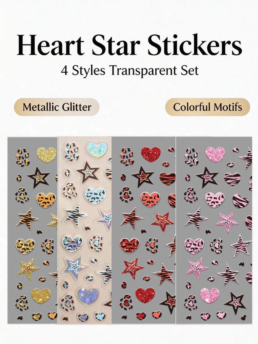 1 Set, Stickers, Scrapbook Supplies, Y2K Millennium Style, Leopard Print, Glitter Heart And Star Decorative Stickers, For Surface Decoration On Daily Items - Leopard Print Heart Stickers - View 1