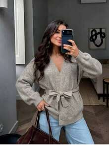 Plus Size Women's Vintage Autumn/Winter Lace-Up Front Knit Cardigan, Loose Lantern Sleeve Open Front, Suitable For Daily Wear - Khaki - View 5