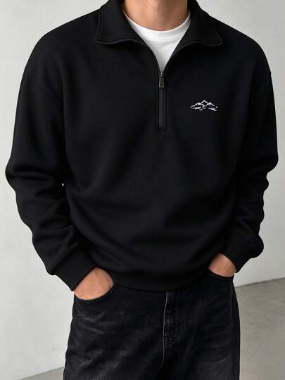 Sweatshirt Pria Kasual Motif Gunung Musim Gugur/Dingin dengan Kerah Resleting