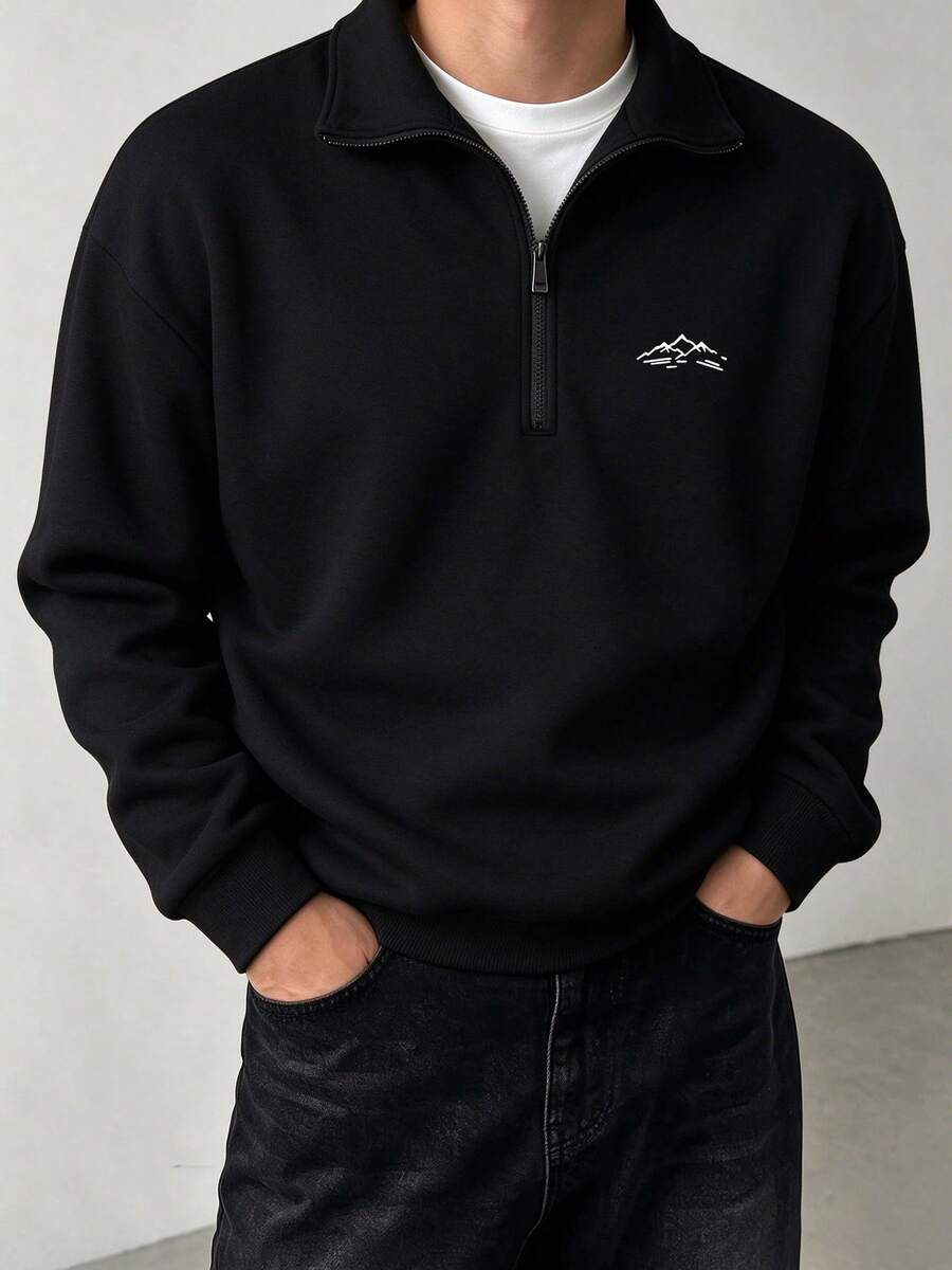 Men's Autumn/Winter Fashion Casual Mountain Print Zip-Up Collar Sweatshirt - Black - View 1