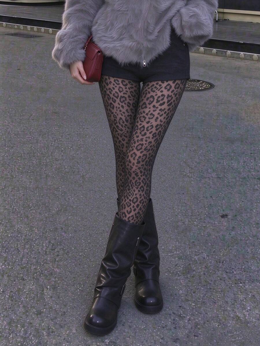 Women Leopard Print Sheer Mesh Tights, See-Through Skin Tone Pantyhose, Pattern Transparent Stockings For Daily & Party - Black - View 1