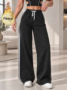 Women Thermal Lined Wide Leg Sweatpants Black Side Stripe Drawstring Elastic Waist Loose Fit Winter Track Pants - Black - View 11