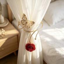 1Pc Rose Curtain Tiebacks, Decorative Metal Curtain Holdbacks With Pearl, Flexible Curtain Buckle For Window Drapery, Christmas Home Decor Gift For Bedroom Living Room - A - View 6