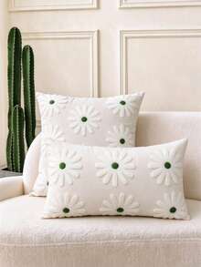 1pc Flower Embroidery Cushion Cover Without Filler, Modern Canvas Decorative Throw Pillow Cover For Home - Green - View 1