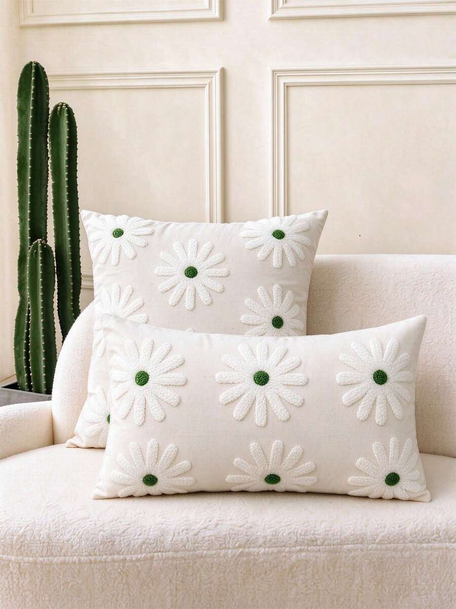 1pc Flower Embroidery Cushion Cover Without Filler, Modern Canvas Decorative Throw Pillow Cover For Home - Green - View 1