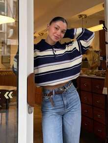 Striped Polo Knit Sweater, Long Sleeve Navy Blue Pullover, Ribbed Trim, Relaxed Fit, Casual Everyday Preppy Fall Winter Outfit For Women - Navy Blue - View 3